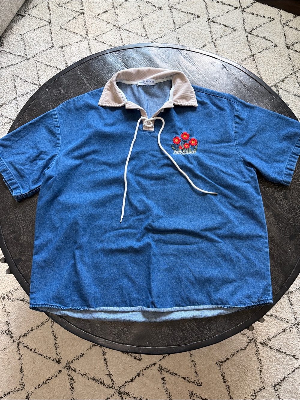 Aelfric Eden Blue Jean Top with Beige Collar and Red Flower Embroidery